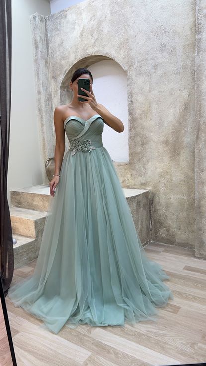 Mint Green Boat Neck Waist Detail Design Evening Dress