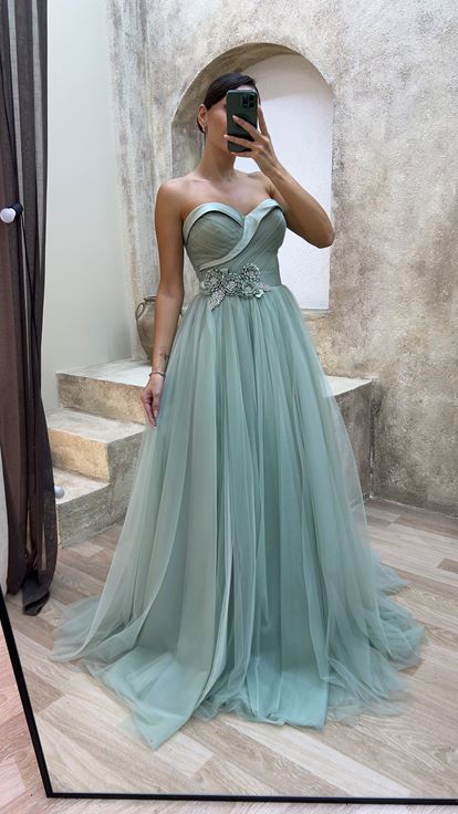 Mint Green Boat Neck Waist Detail Design Evening Dress