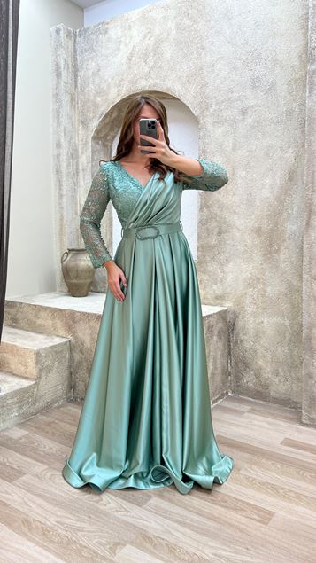 Mint Green Double-breasted Collar Satin Plus Size Evening Dress