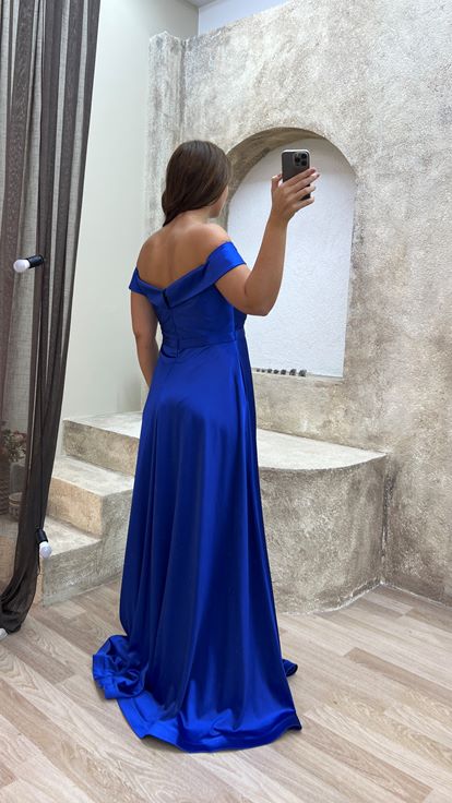 Saks Kayık Yaka Saten Büyük Beden Abiye Elbise