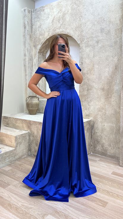Saks Kayık Yaka Saten Büyük Beden Abiye Elbise