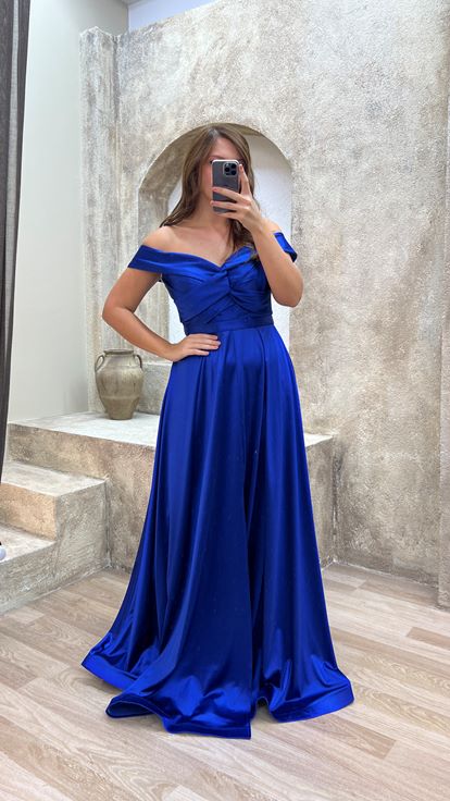 Saks Kayık Yaka Saten Büyük Beden Abiye Elbise