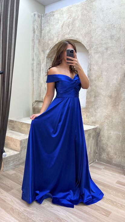 Saks Kayık Yaka Saten Büyük Beden Abiye Elbise