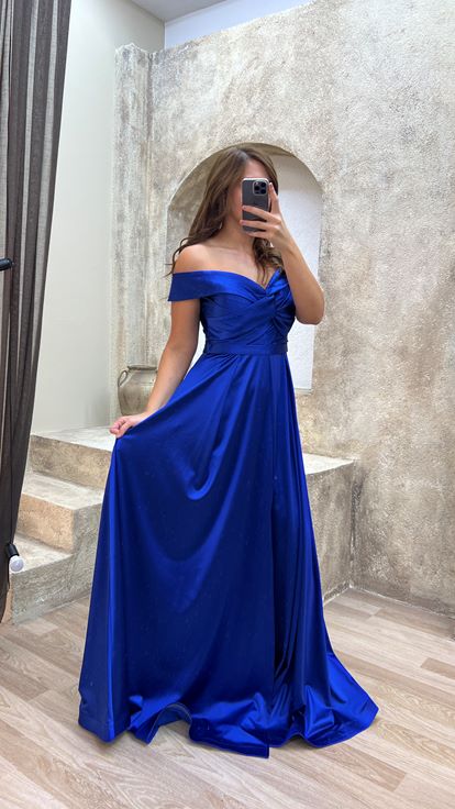 Saks Kayık Yaka Saten Büyük Beden Abiye Elbise
