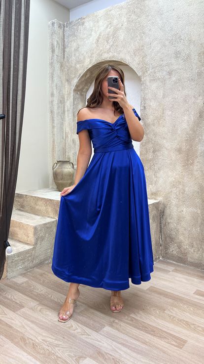 Saks  Kayık Yaka Saten Büyük Beden Abiye