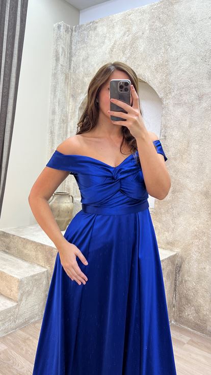 Saks  Kayık Yaka Saten Büyük Beden Abiye