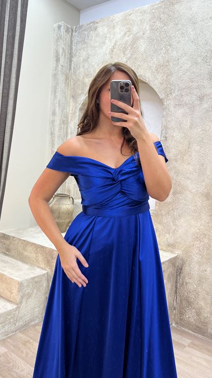 Saks  Kayık Yaka Saten Büyük Beden Abiye