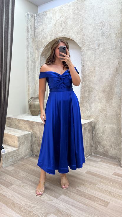 Saks  Kayık Yaka Saten Büyük Beden Abiye