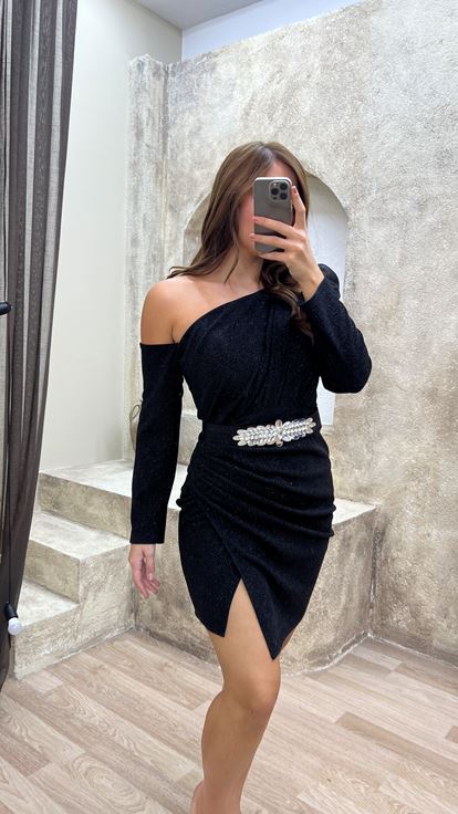 Black Shoulder Detail Glitter Plus Size Evening Dresses