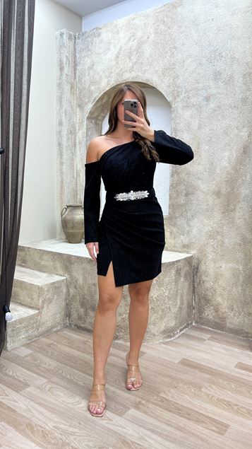 Black Shoulder Detail Glitter Plus Size Evening Dresses