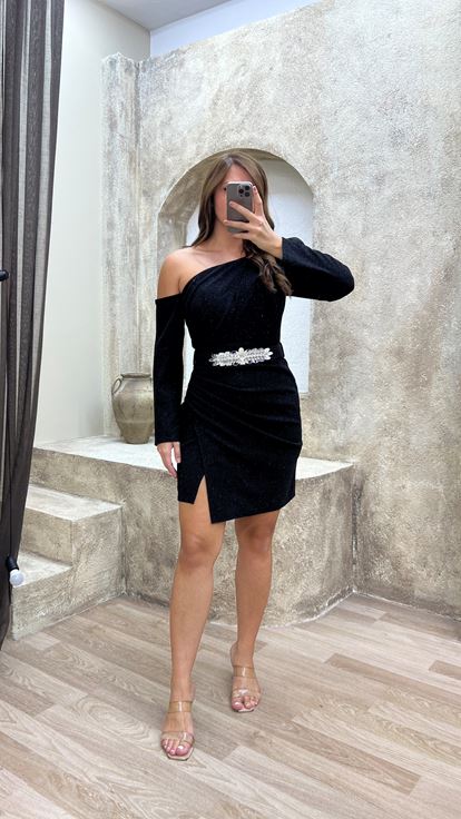 Black Shoulder Detail Glitter Plus Size Evening Dresses