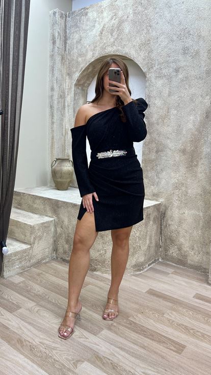 Black Shoulder Detail Glitter Plus Size Evening Dresses