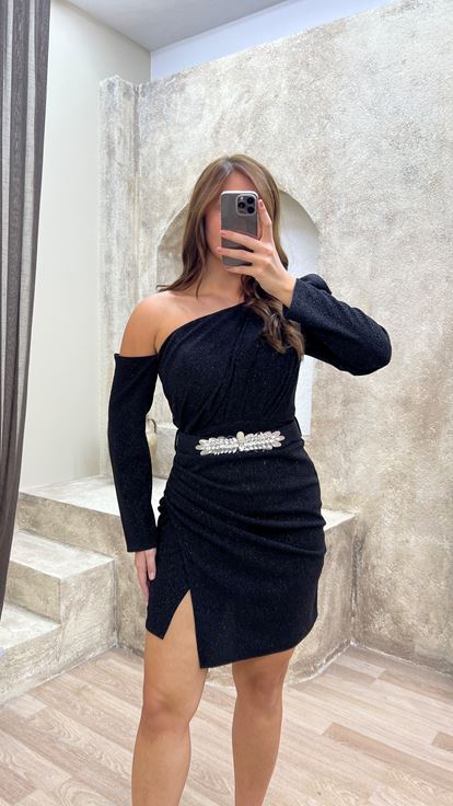 Black Shoulder Detail Glitter Plus Size Evening Dresses