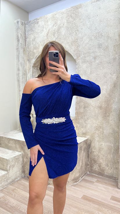 Saks Shoulder Detail Glitter Plus Size Evening Dresses