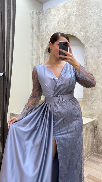 Gri İşleme Detay Büyük Beden Abiye