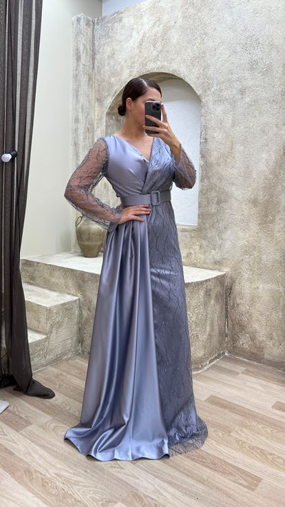 Gri İşleme Detay Büyük Beden Abiye