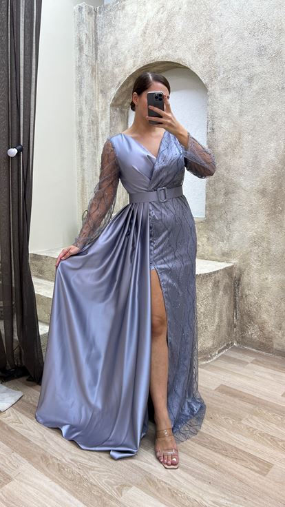 Gri İşleme Detay Büyük Beden Abiye