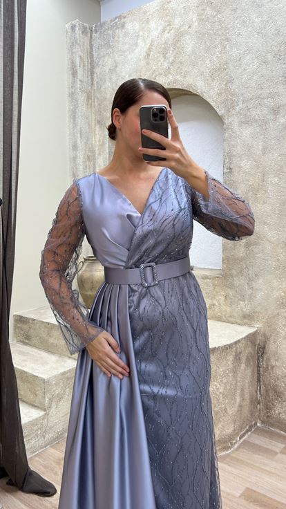 Gri İşleme Detay Büyük Beden Abiye