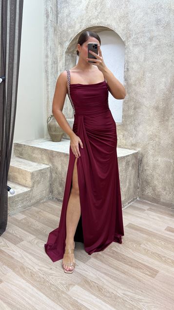 Burgundy Straps Embroidered Plus Size Evening Dresses