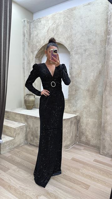 Black Waist Detail Embroidered Polka Dot Detail Dress