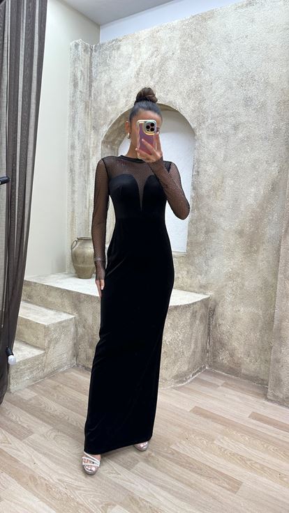 Siyah File Desen Kalp Yaka Abiye Elbise