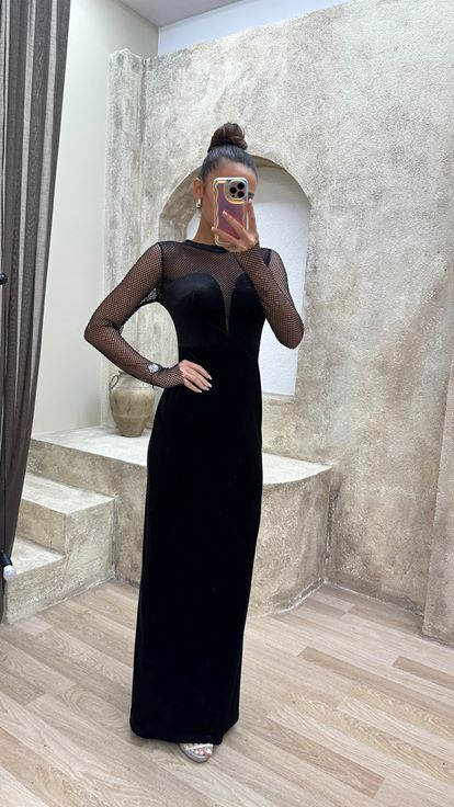 Siyah File Desen Kalp Yaka Abiye Elbise