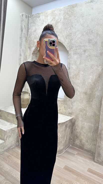 Siyah File Desen Kalp Yaka Abiye Elbise