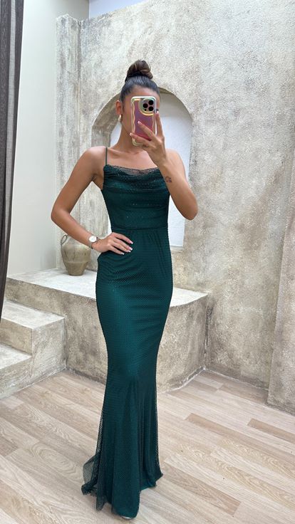 Zümrüt Degaje Yaka Abiye Elbise