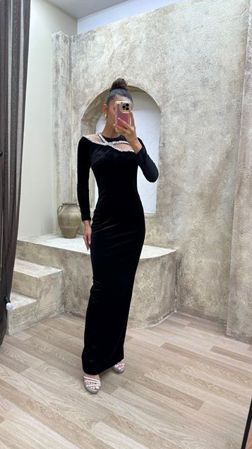 Black Stone Embroidered Evening Dress with Window on the Chest