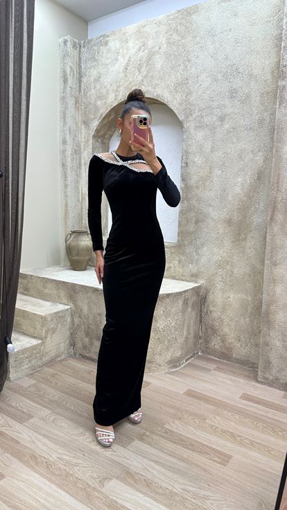 Black Evening Dress with Cutout Bust and Stone Embellishments