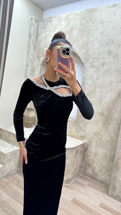 Black Evening Dress with Cutout Bust and Stone Embellishments