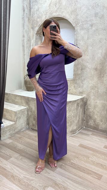 Purple Boat Neck Sleeves Tulle Embroidered Slit Evening Dress