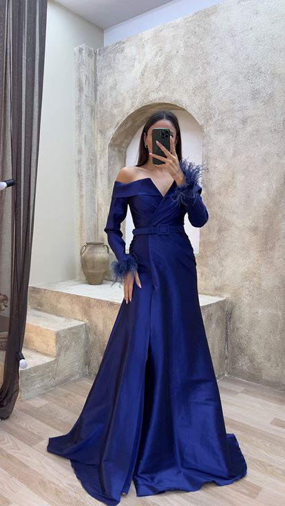 Navy Blue Boat Neck Evening Dress with Feather Detail on Sleeves