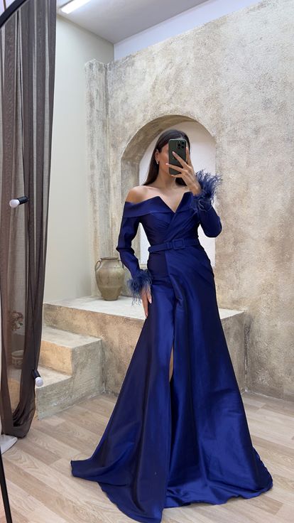 Navy Blue Boat Neck Evening Dress with Feather Detail on Sleeves