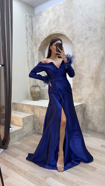 Navy Blue Boat Neck Sleeves Feather Detail Evening Dress