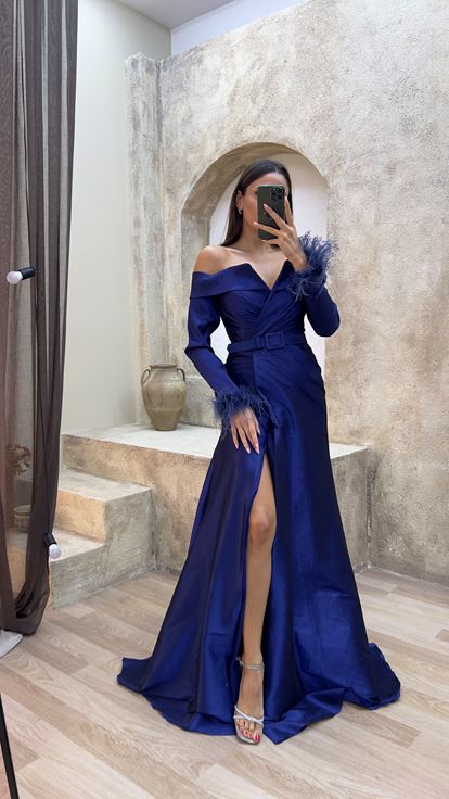 Navy Blue Boat Neck Evening Dress with Feather Detail on Sleeves