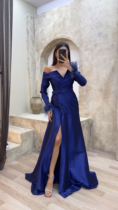Navy Blue Boat Neck Evening Dress with Feather Detail on Sleeves