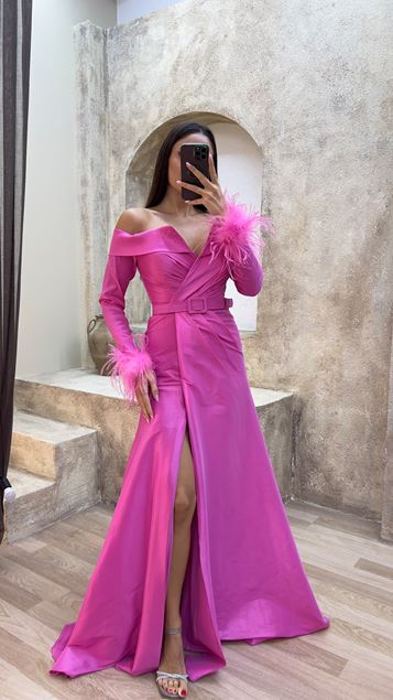 Pink Boat Neck Sleeves Feather Detail Evening Dress