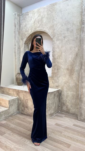 Navy Blue Chest Detail Sleeves Feather Velvet Dress