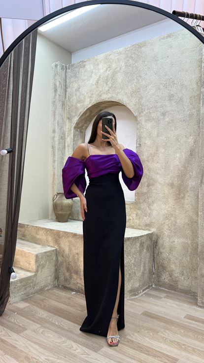 Abito da sera color prugna con spalline sottili e maniche a palloncino 