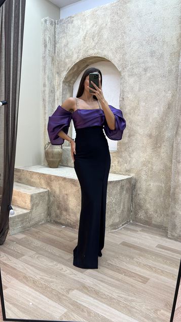 Purple Boat Neck Sleeves Tulle Embroidered Slit Evening Dress