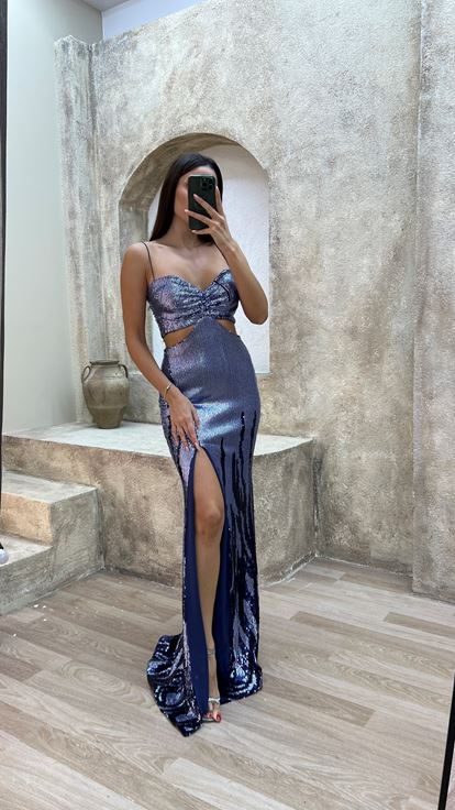 Vestido de noche de lentejuelas con detalle de cintura con correa de cuerda índigo