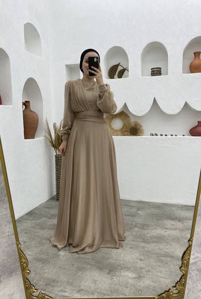 Cream Double Breasted Neck Draped Chiffon Islamic Clothing Evening Dress