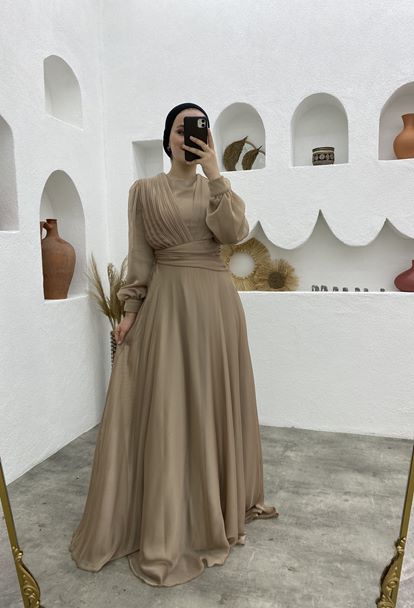 Cream Double Breasted Neck Draped Chiffon Islamic Clothing Evening Dress