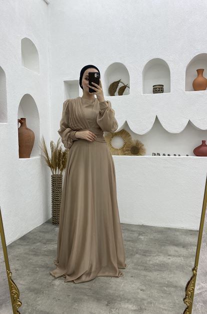 Cream Double Breasted Neck Draped Chiffon Islamic Clothing Evening Dress