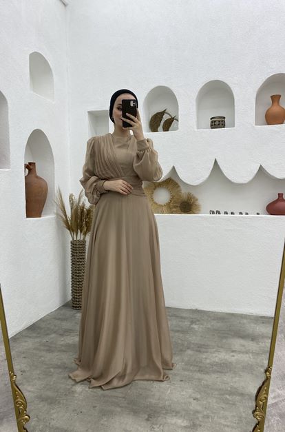 Cream Double Breasted Neck Draped Chiffon Islamic Clothing Evening Dress