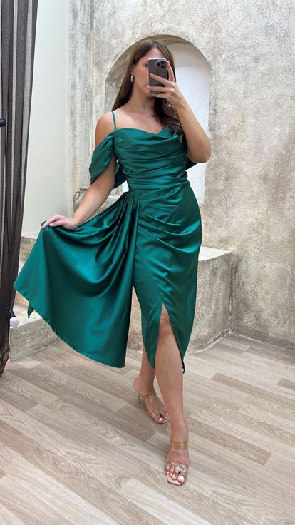 Emerald Green Spalla Dettaglio Design Shirred Design Midi Abito Di Grandi Dimensioni