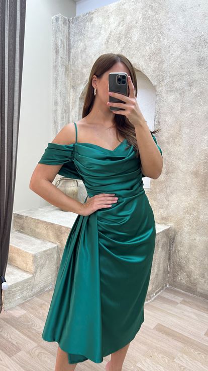 Emerald Green Spalla Dettaglio Design Shirred Design Midi Abito Di Grandi Dimensioni