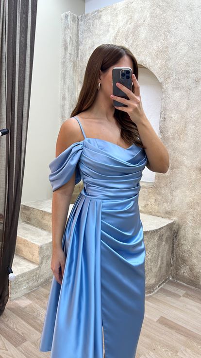 Bebe Mavi Omuz Detay Büzgülü Tasarım Midi Boy Büyük Beden Elbise