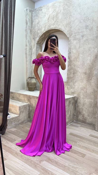Fuchsia Chest Rose Detail Design Satin Evening Dress